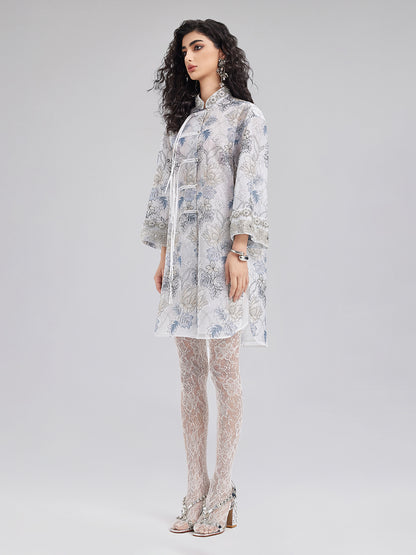 Neo Chinese Floral Print High-Collar Dress