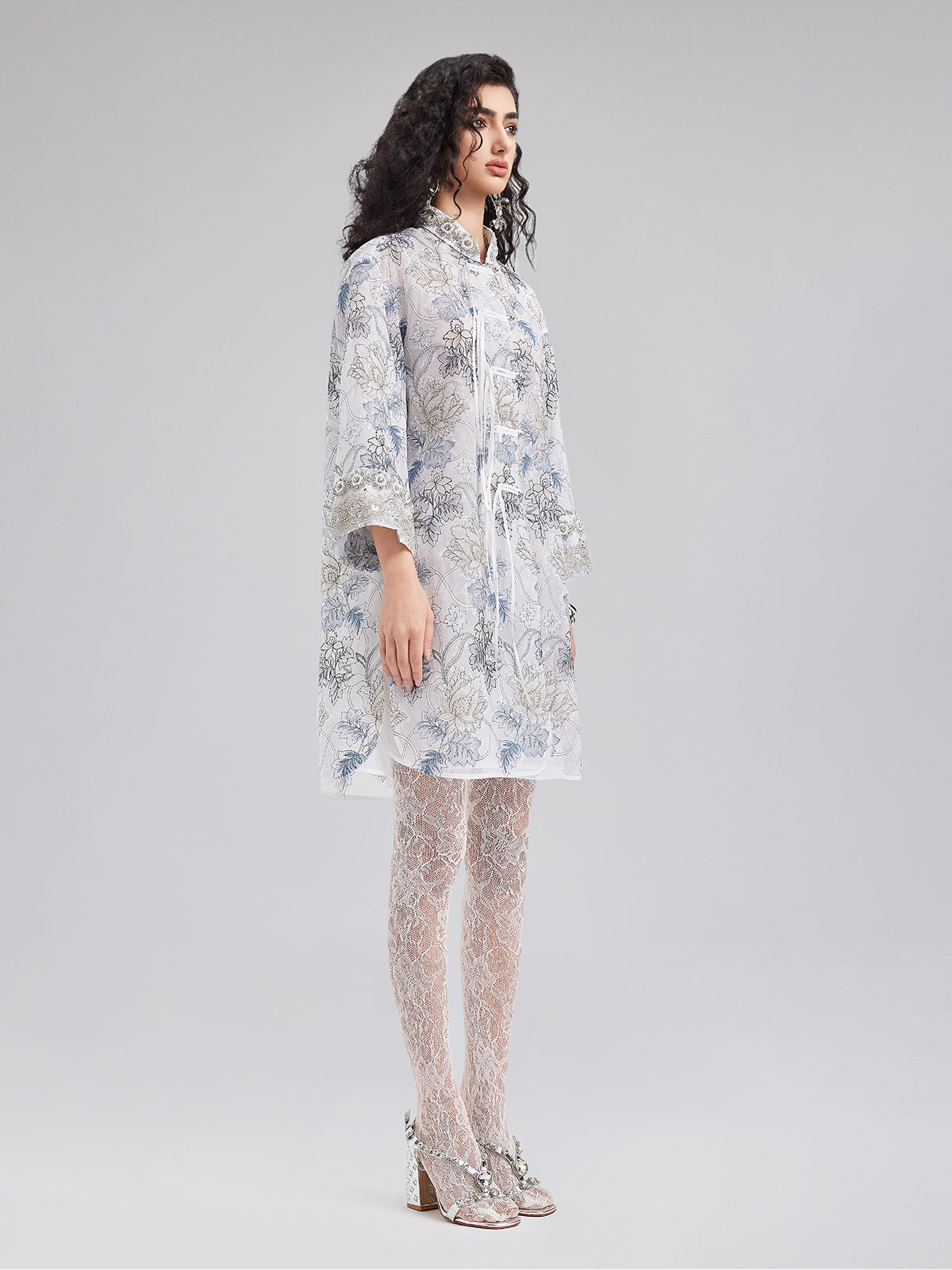 Neo Chinese Floral Print High-Collar Dress