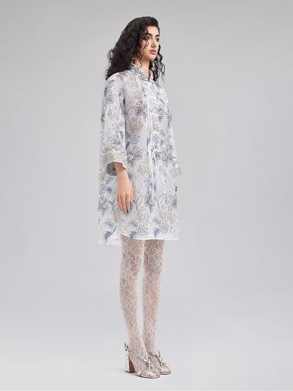 Neo Chinese Floral Print High-Collar Dress