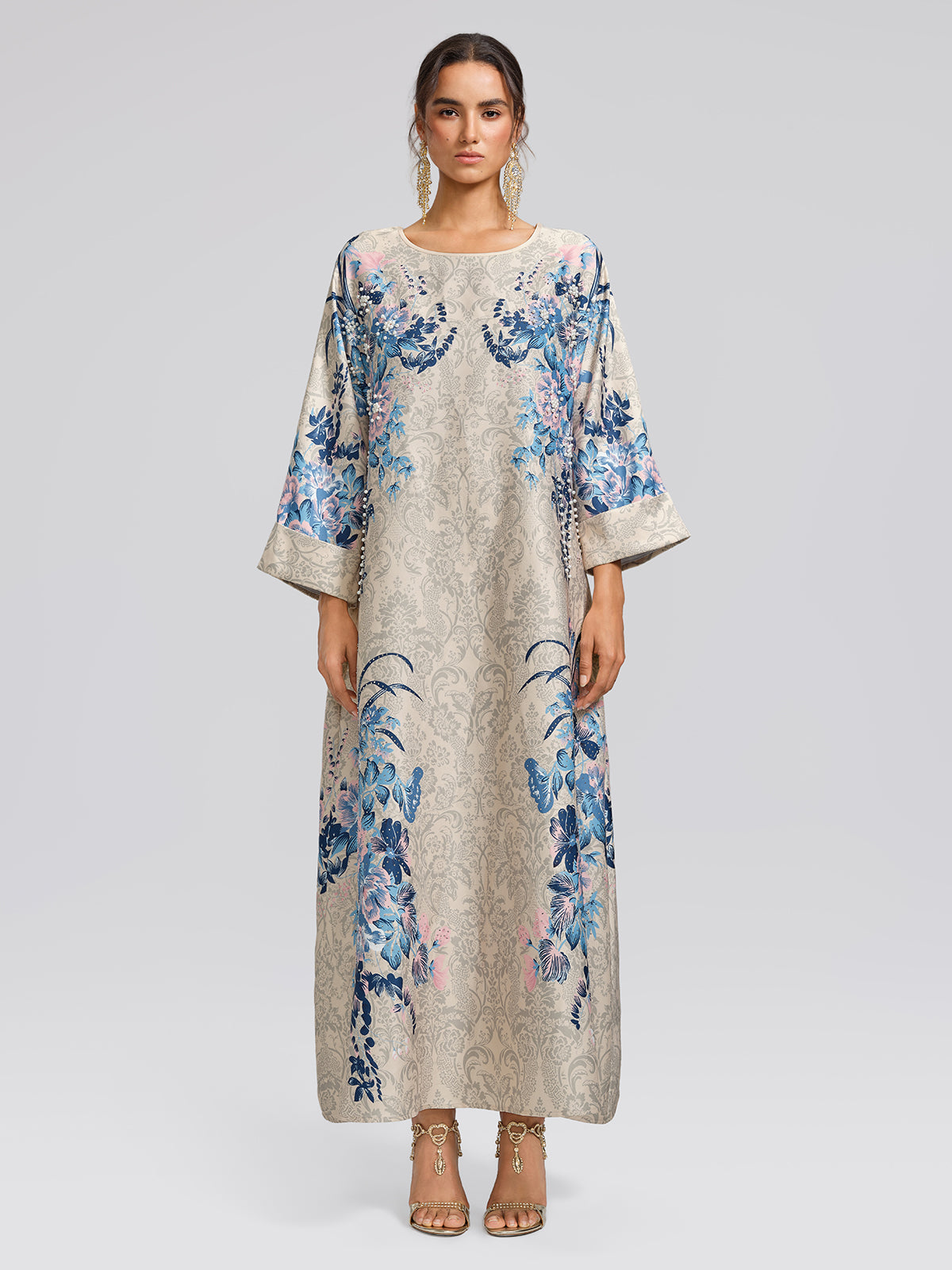 Floral Print Hand-Beaded Round-Neck Dress