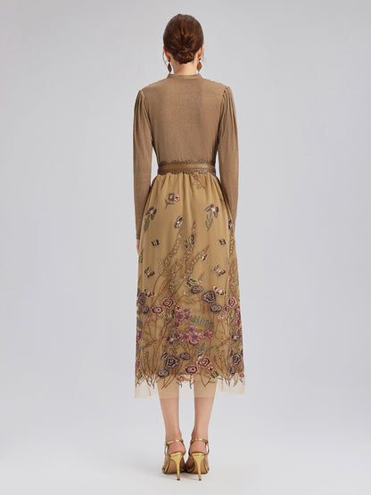 Knit & Tulle Embroidered Dress (Belt Included)