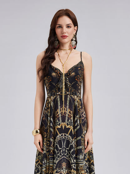 Baroque Print Silk Slip Dress