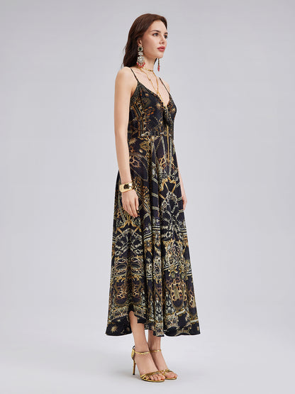 Baroque Print Silk Slip Dress