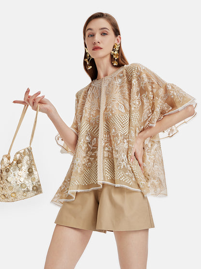 Mulberry Silk Embroidered Beaded Luxe Blouse