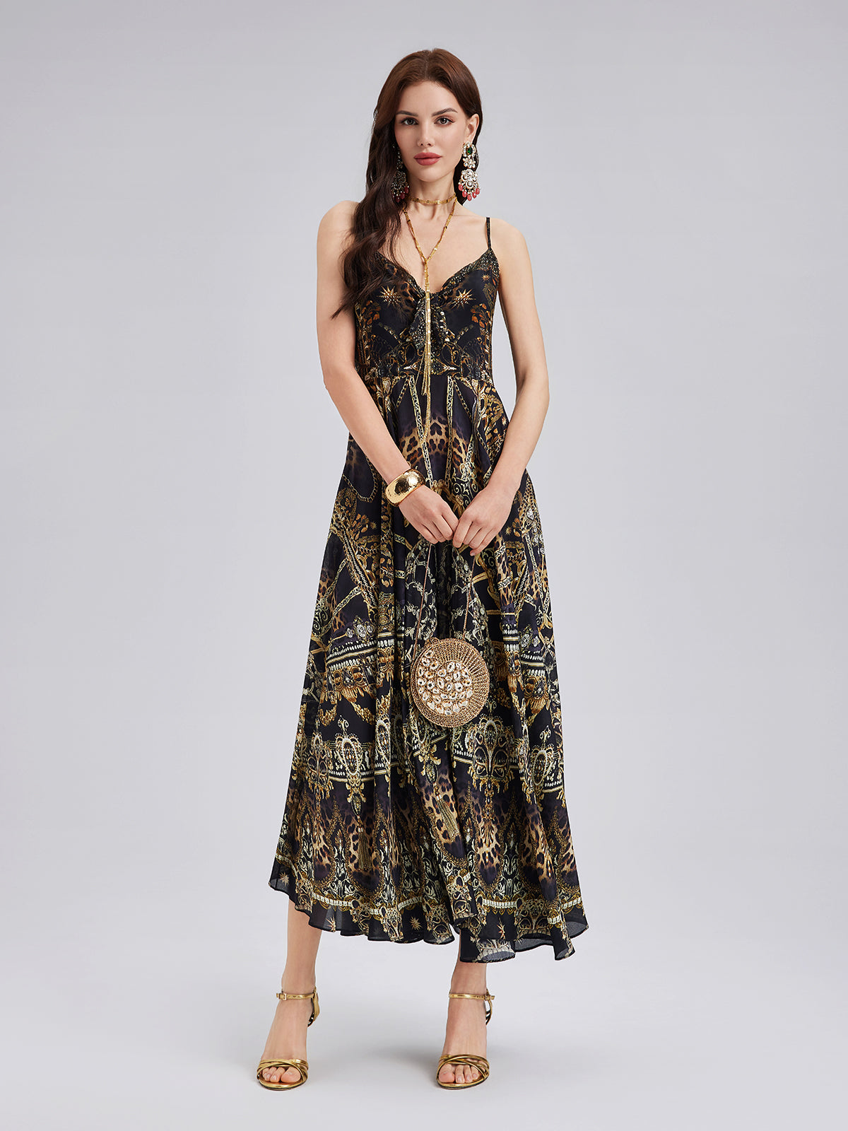 Baroque Print Silk Slip Dress