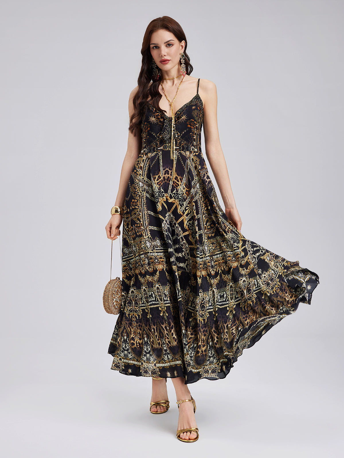 Baroque Print Silk Slip Dress