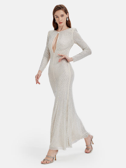 Long Sleeve Rhinestone-embellished Maxi Dress