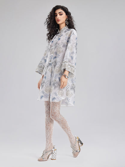 Neo Chinese Floral Print High-Collar Dress