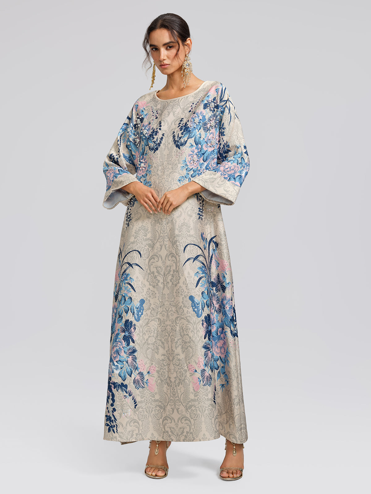 Floral Print Hand-Beaded Round-Neck Dress