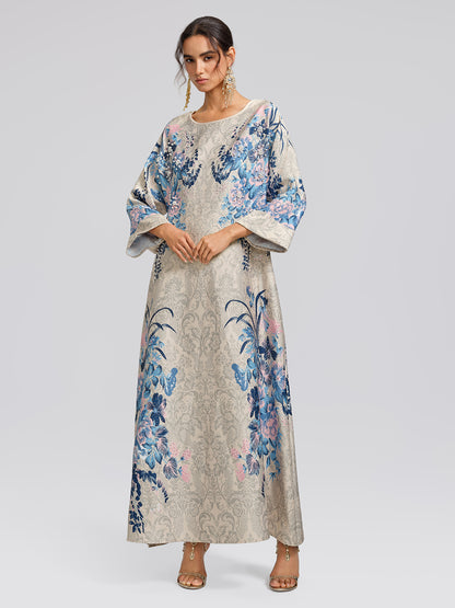 Floral Print Hand-Beaded Round-Neck Dress