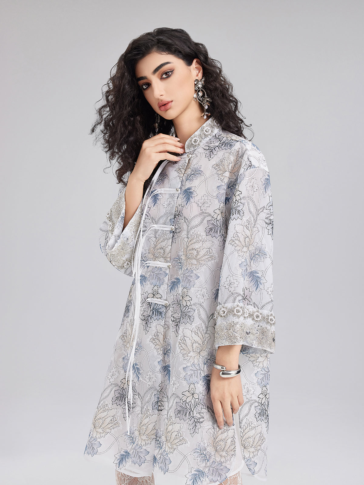 Neo Chinese Floral Print High-Collar Dress