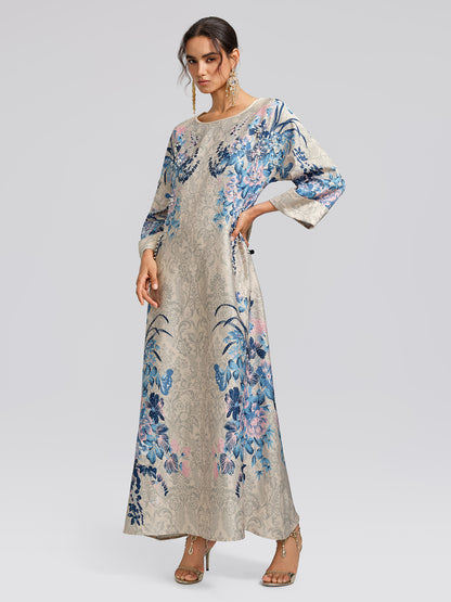 Floral Print Hand-Beaded Round-Neck Dress