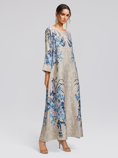 Floral Print Hand-Beaded Round-Neck Dress