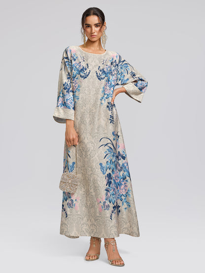 Floral Print Hand-Beaded Round-Neck Dress