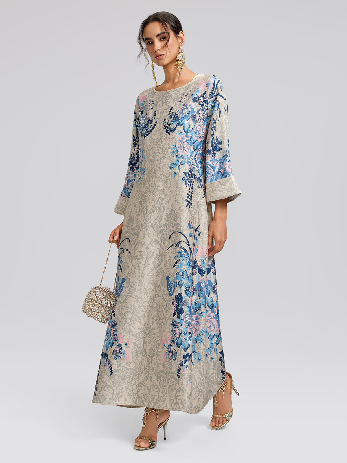 Floral Print Hand-Beaded Round-Neck Dress