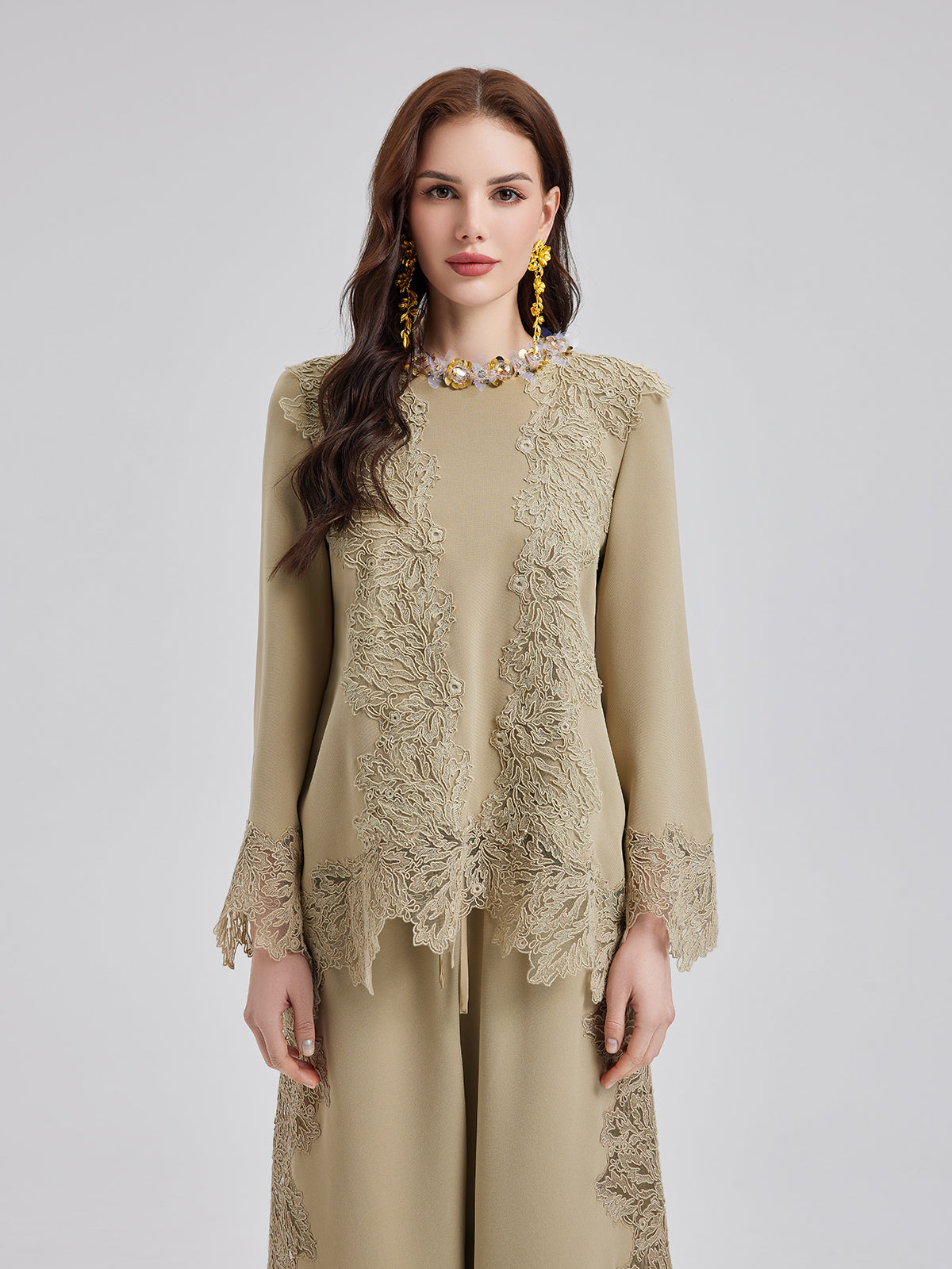 Lace-Trim Flare Sleeve Blouse