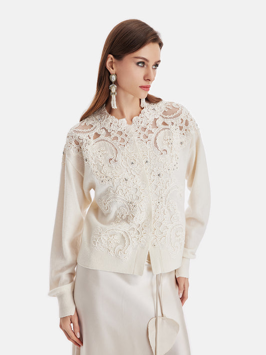 Lace Floral Embroidered Cashmere Cardigan