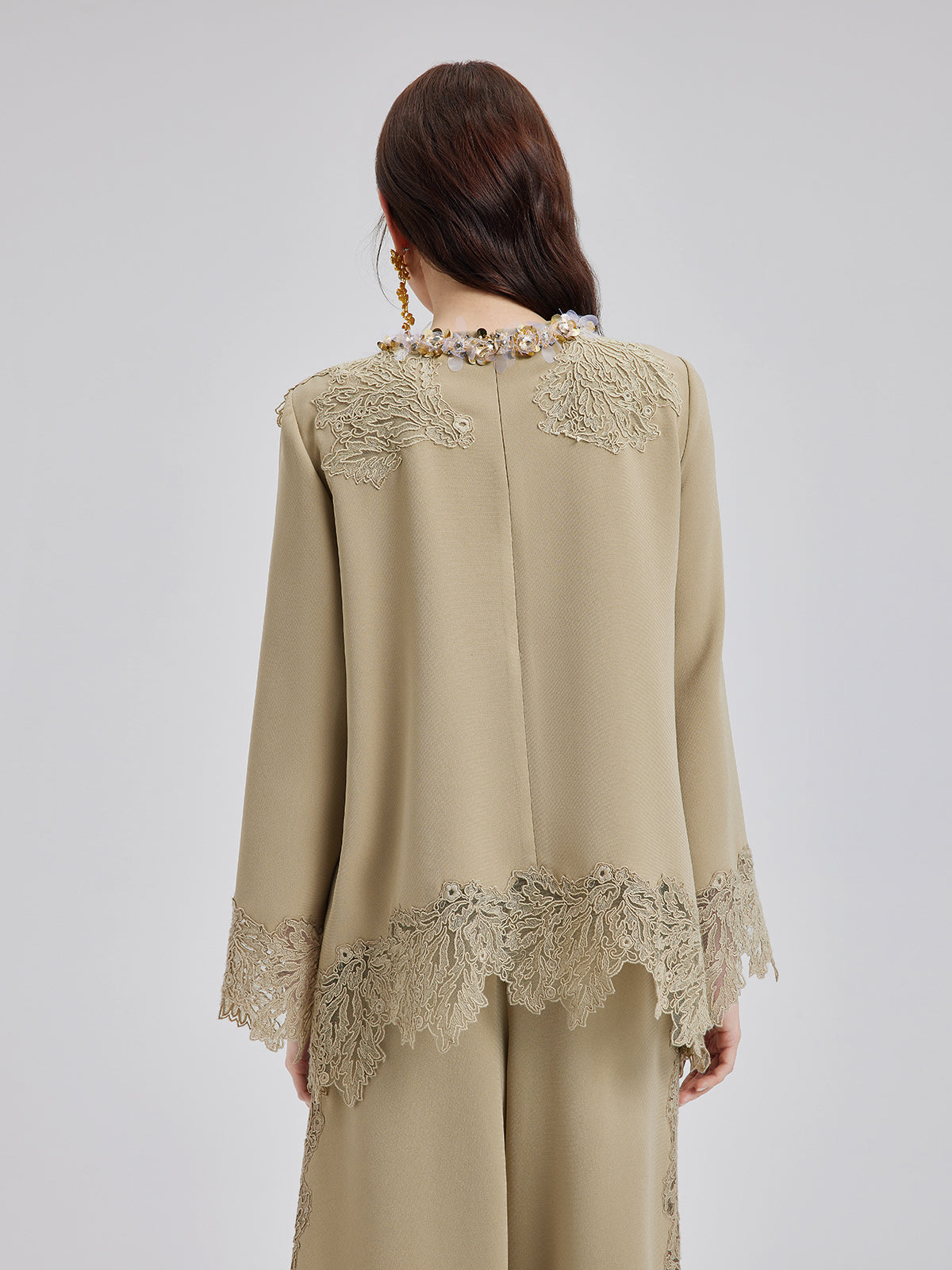 Lace-Trim Flare Sleeve Blouse