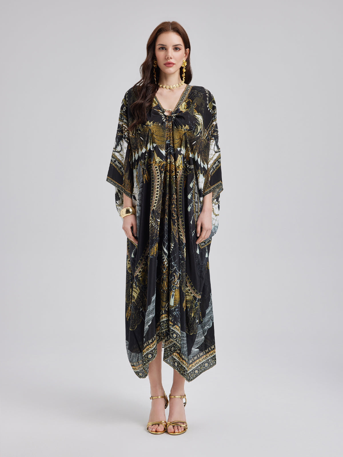 Silk Print V-Neck Maxi Dress