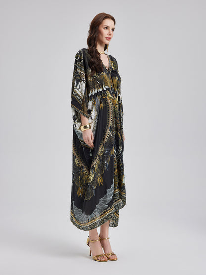 Silk Print V-Neck Maxi Dress