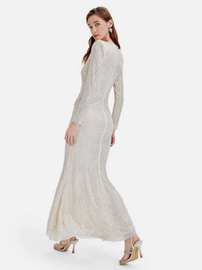 Long Sleeve Rhinestone-embellished Maxi Dress