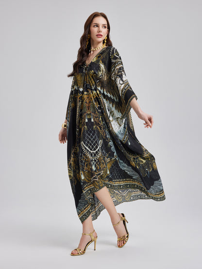 Silk Print V-Neck Maxi Dress