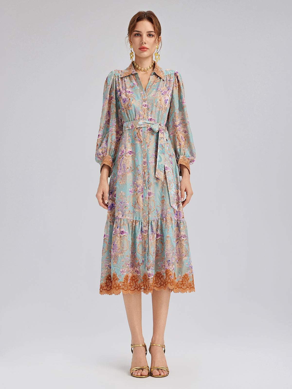 Silk Velvet Devoré Floral Lace Trim Dress (Matching Belt Included)