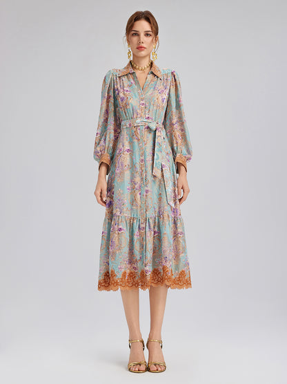 Silk Velvet Devoré Floral Lace Trim Dress (Matching Belt Included)