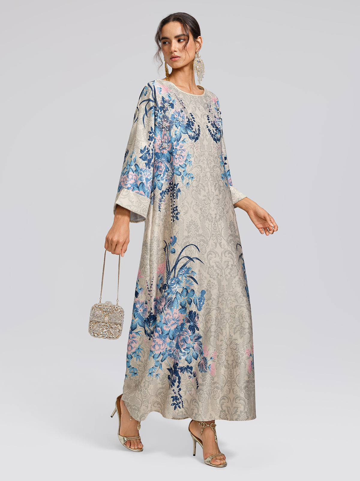 Floral Print Hand-Beaded Round-Neck Dress