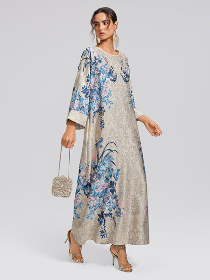 Floral Print Hand-Beaded Round-Neck Dress