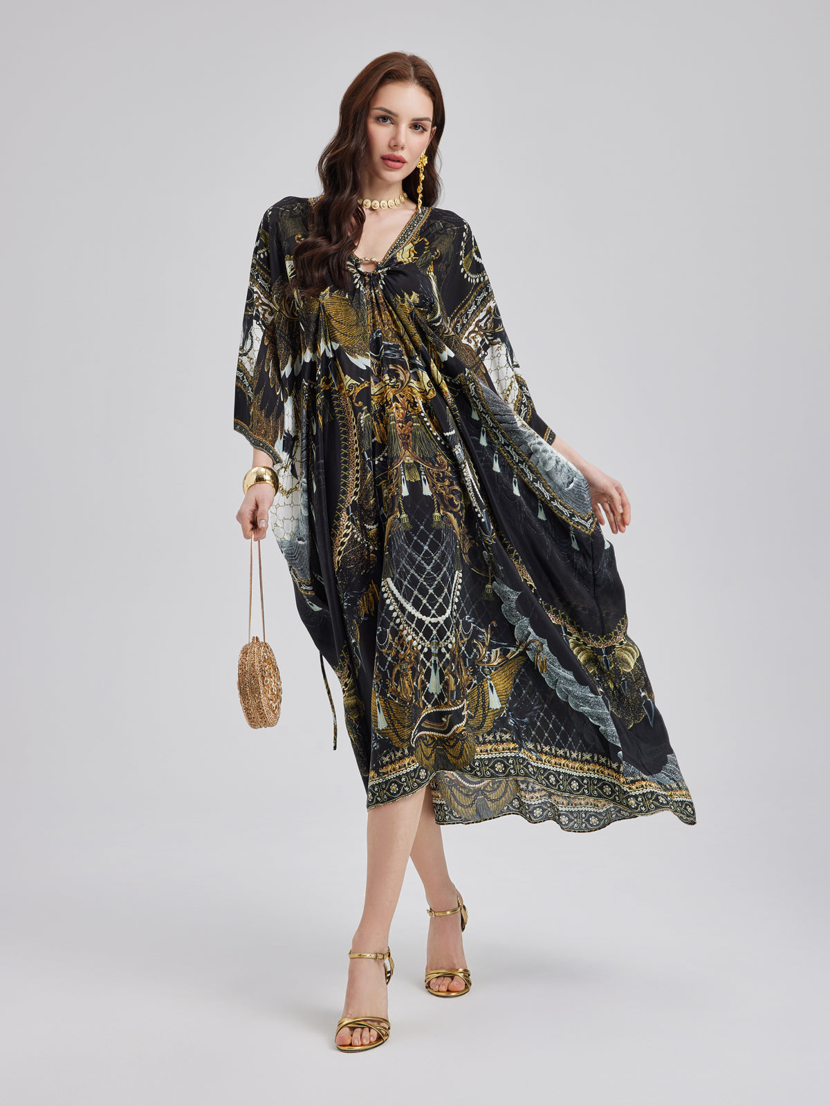 Silk Print V-Neck Maxi Dress