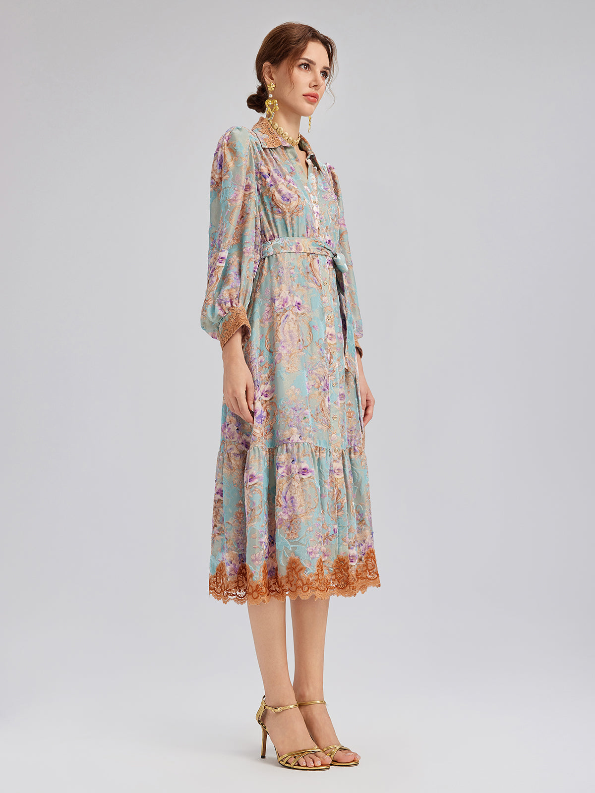 Silk Velvet Devoré Floral Lace Trim Dress (Matching Belt Included)