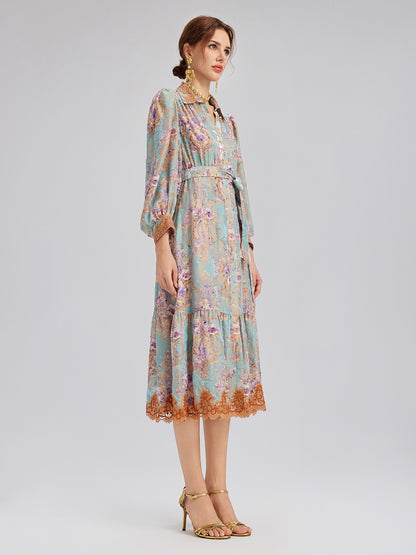 Silk Velvet Devoré Floral Lace Trim Dress (Matching Belt Included)