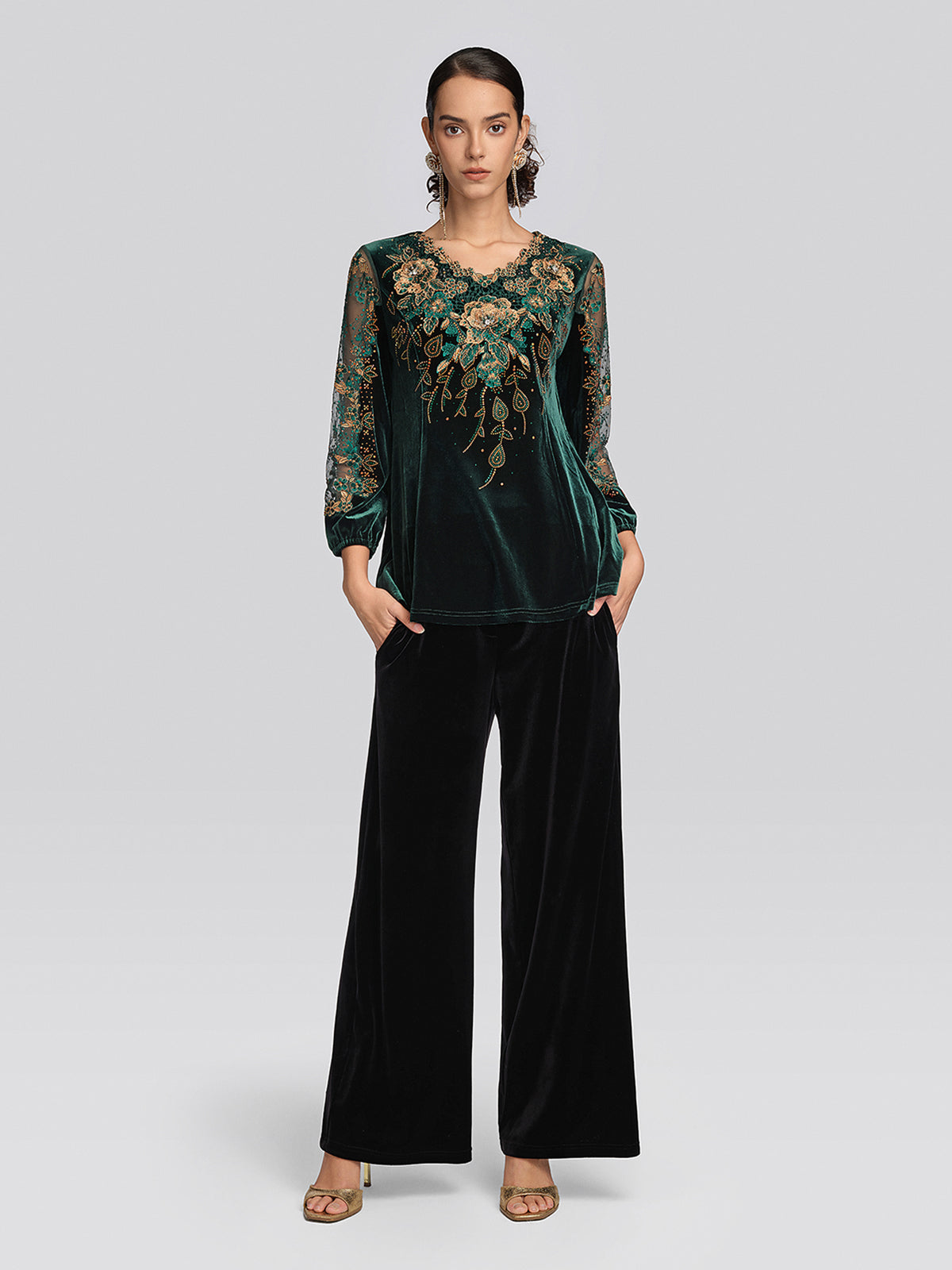 Velvet 3D Floral Embroidered Blouse