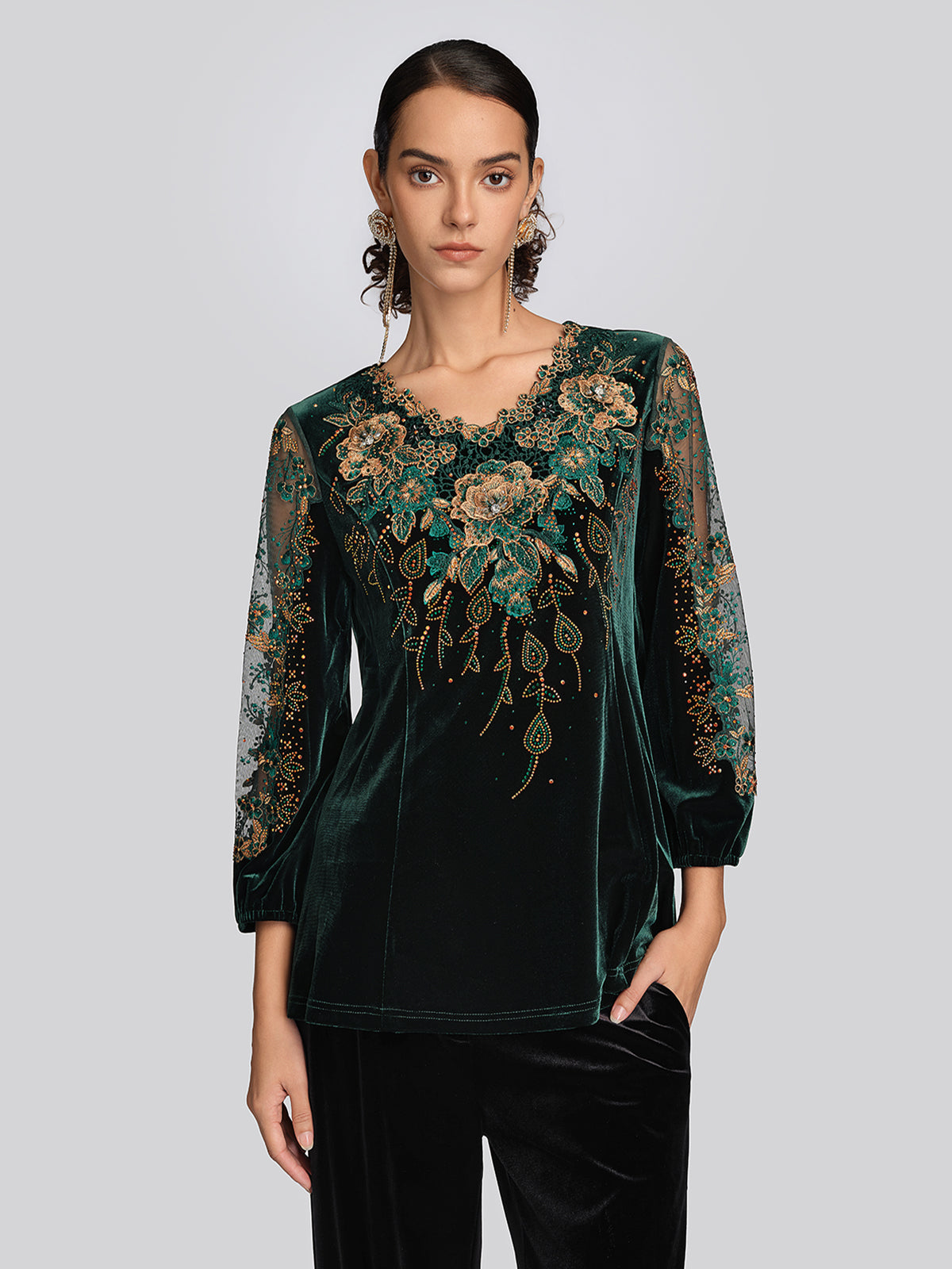 Velvet 3D Floral Embroidered Blouse