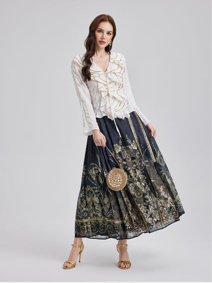 Luxe Floral Print Mamian Skirt with Belt