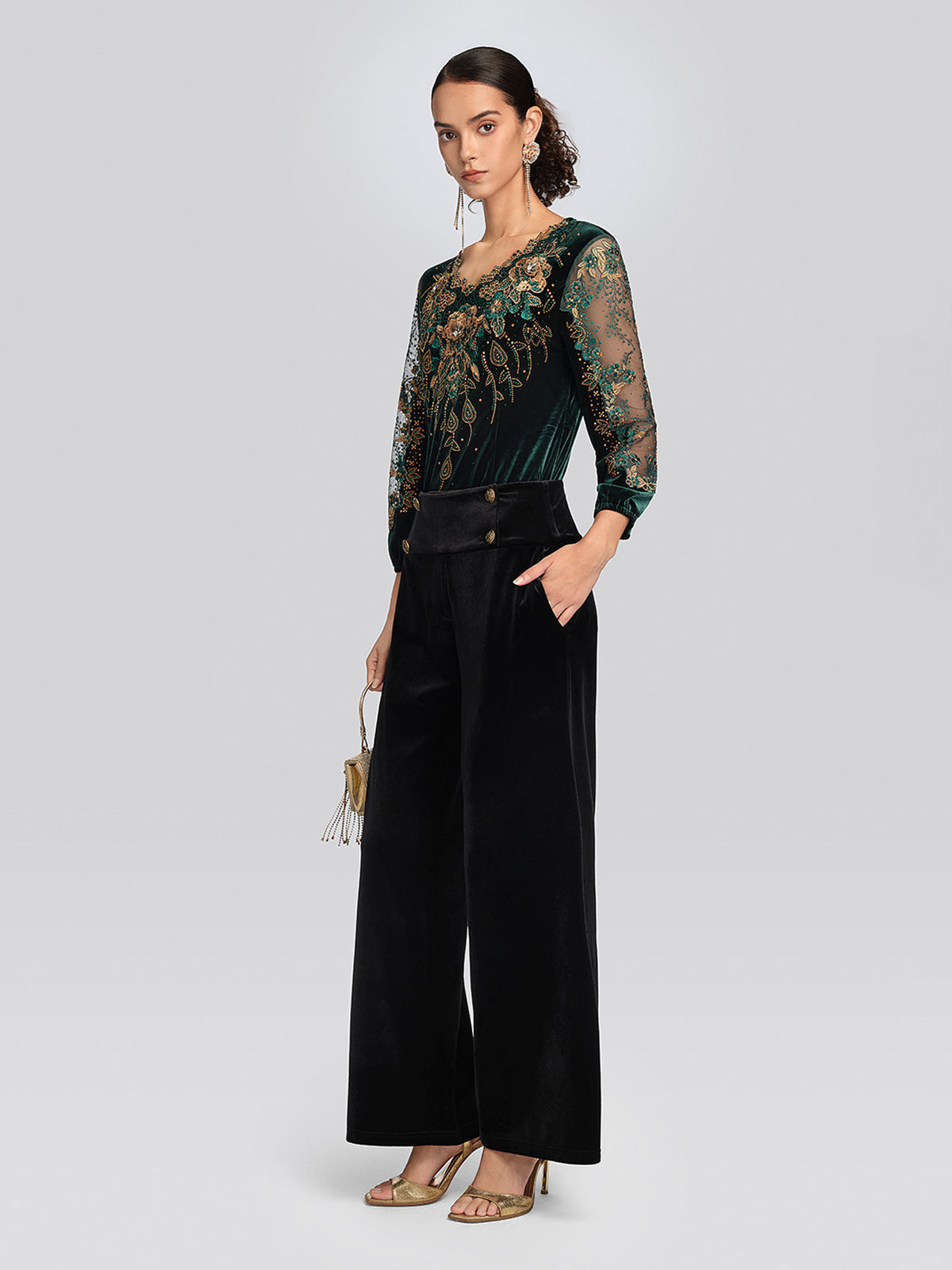 Velvet 3D Floral Embroidered Blouse