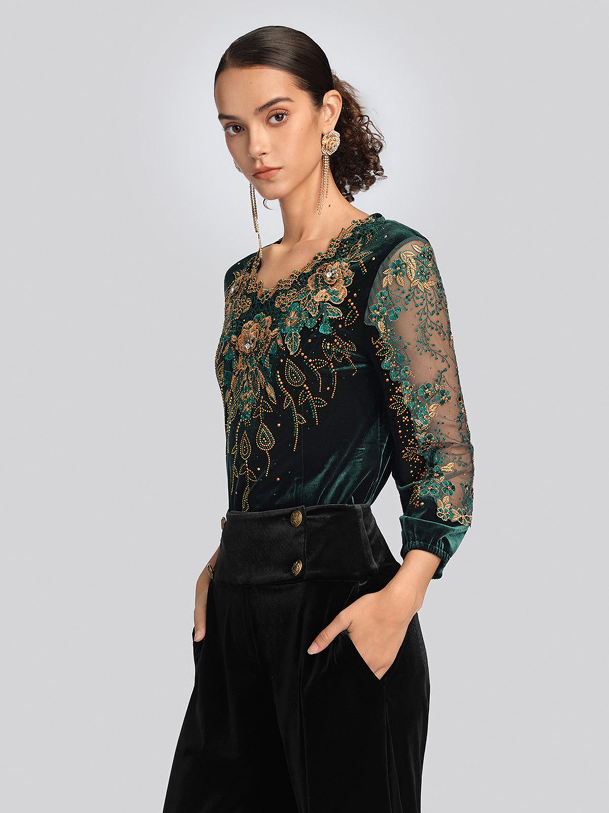 Velvet 3D Floral Embroidered Blouse