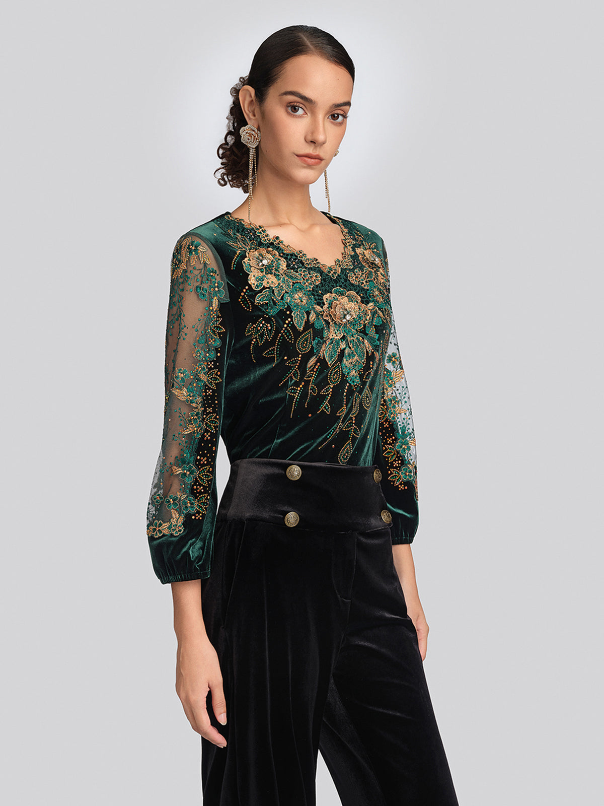 Velvet 3D Floral Embroidered Blouse