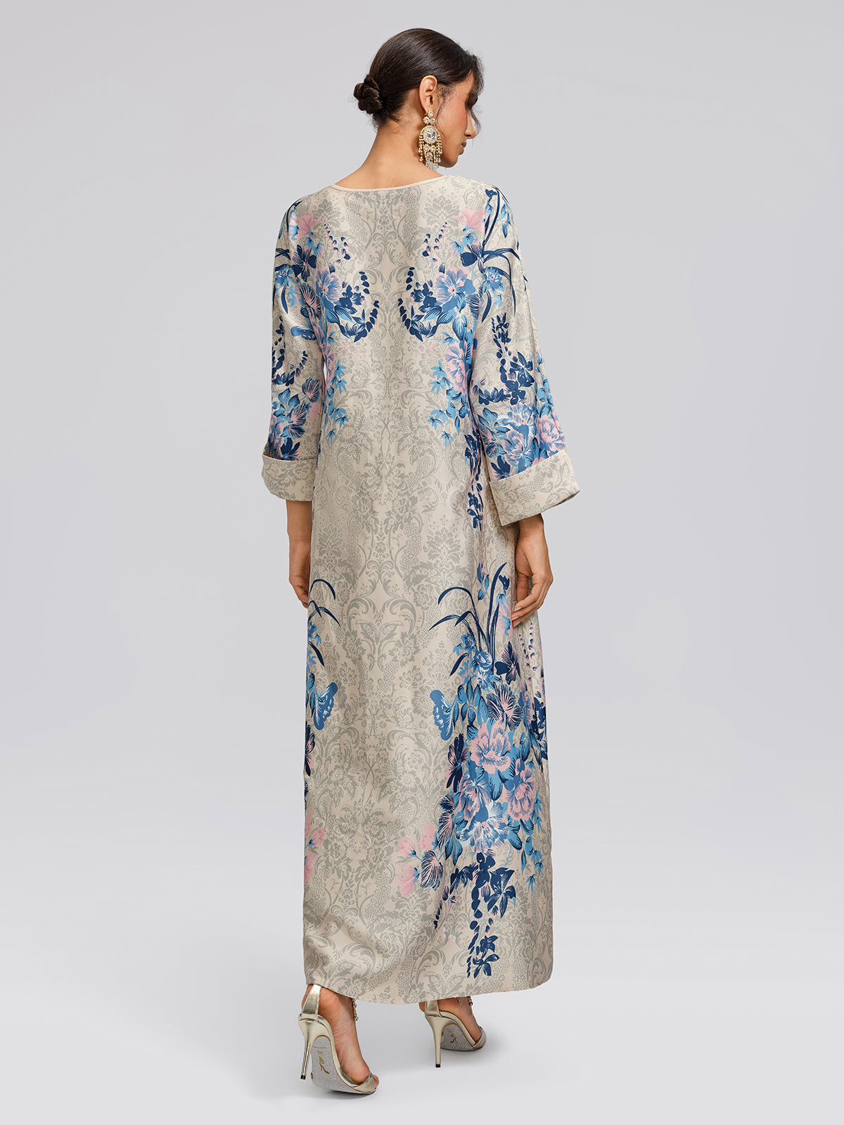 Floral Print Hand-Beaded Round-Neck Dress