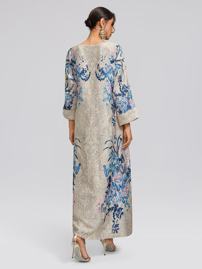Floral Print Hand-Beaded Round-Neck Dress