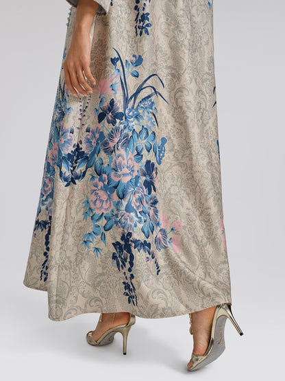 Floral Print Hand-Beaded Round-Neck Dress
