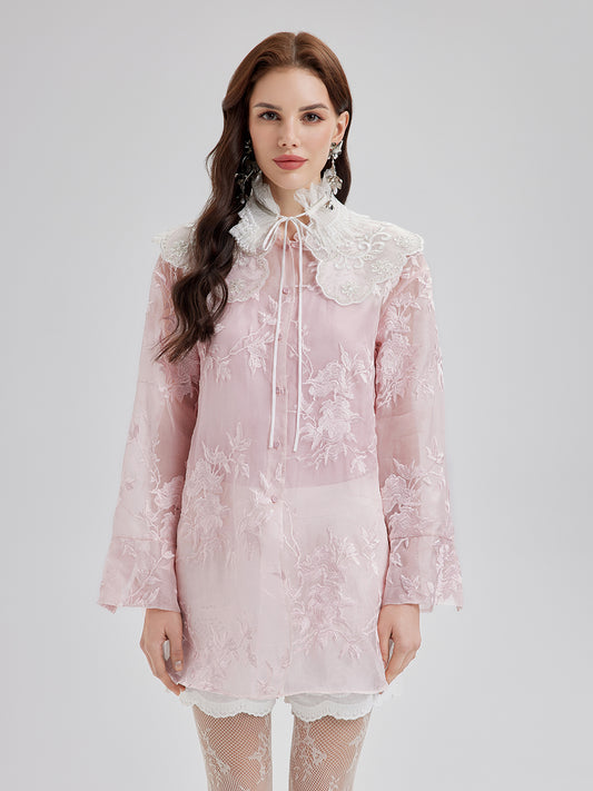 Embroidered Organza Sheer Blouse