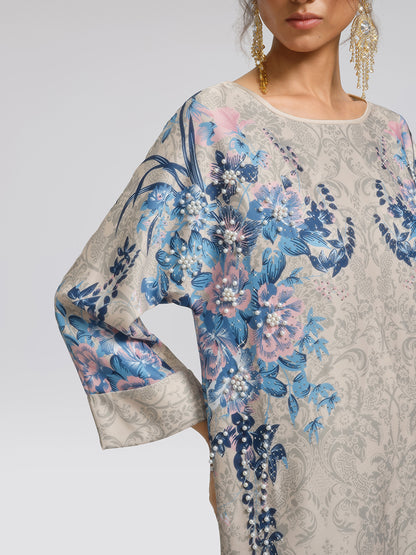 Floral Print Hand-Beaded Round-Neck Dress