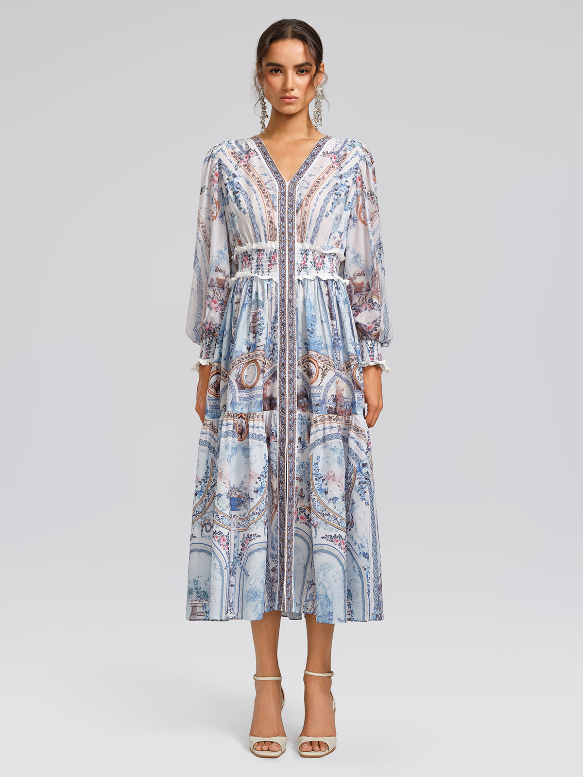Printed Rhinestone Smocked Waist Dress