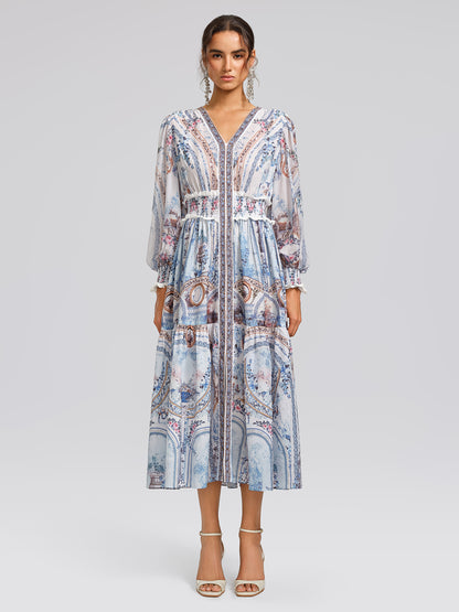 Printed Rhinestone Smocked Waist Dress