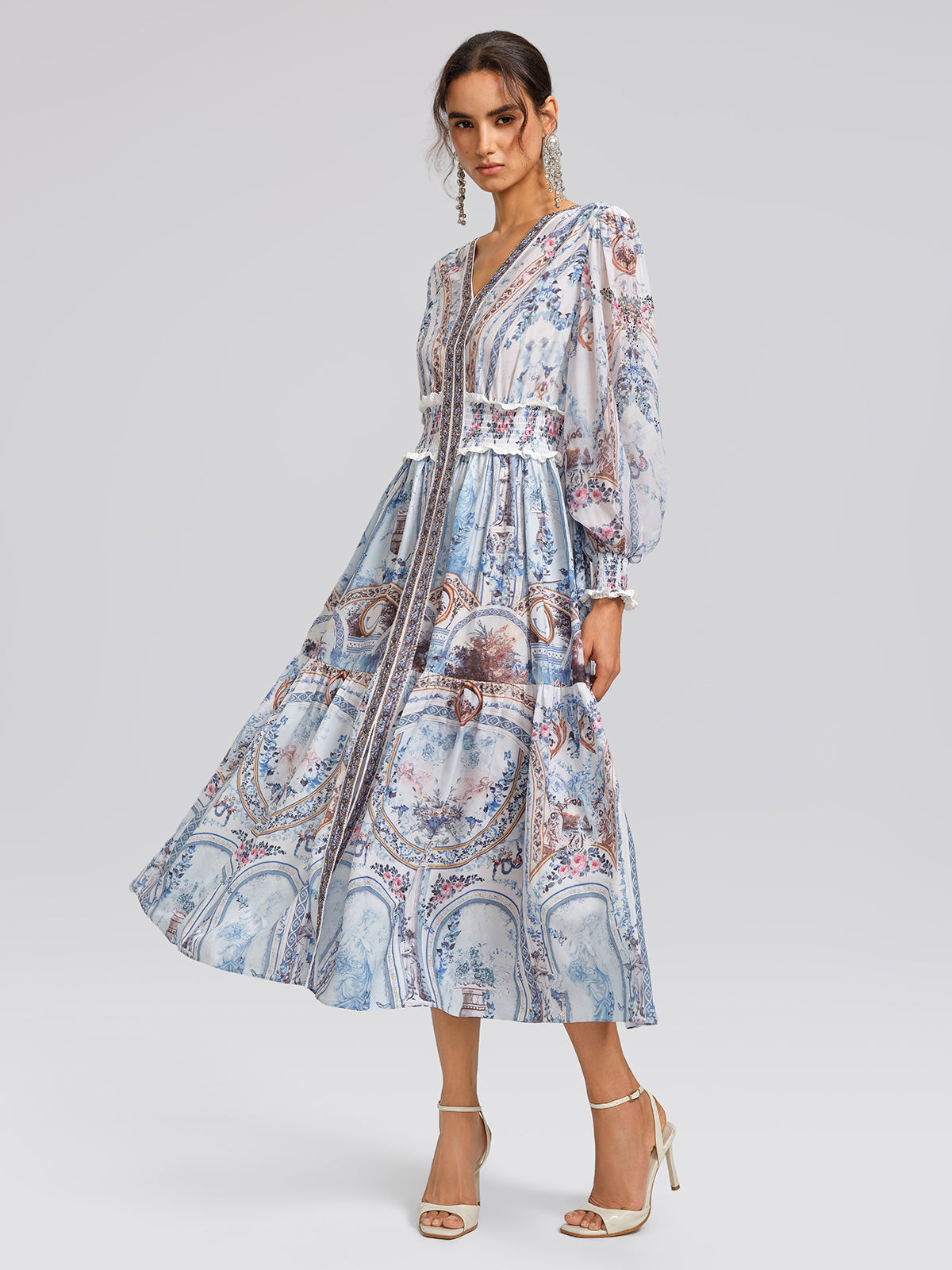 Printed Rhinestone Smocked Waist Dress