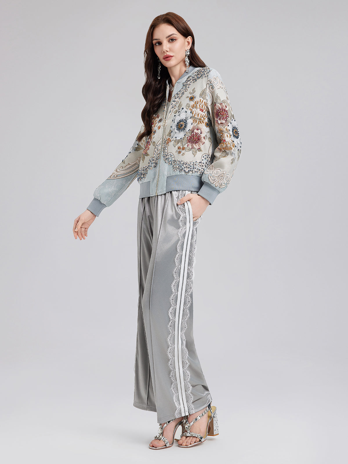 Hand-Beaded Floral Bomber Jacket