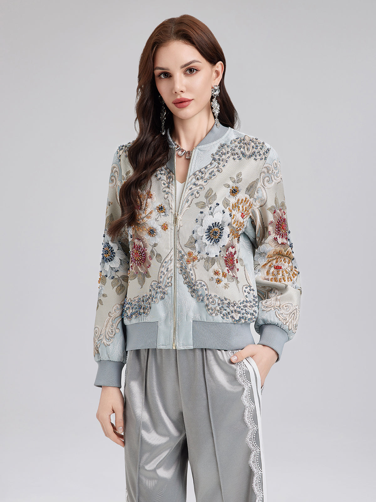 Hand-Beaded Floral Bomber Jacket