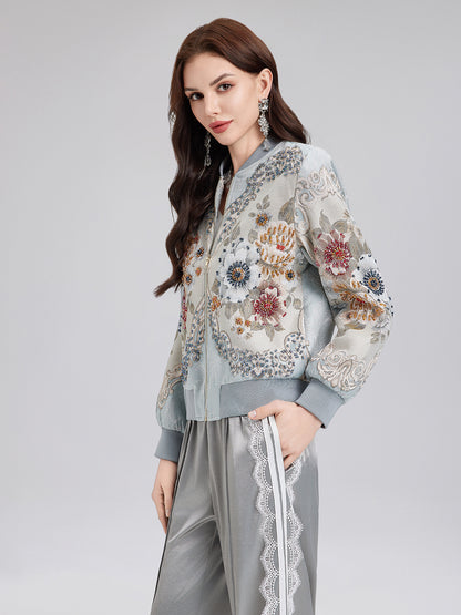 Hand-Beaded Floral Bomber Jacket